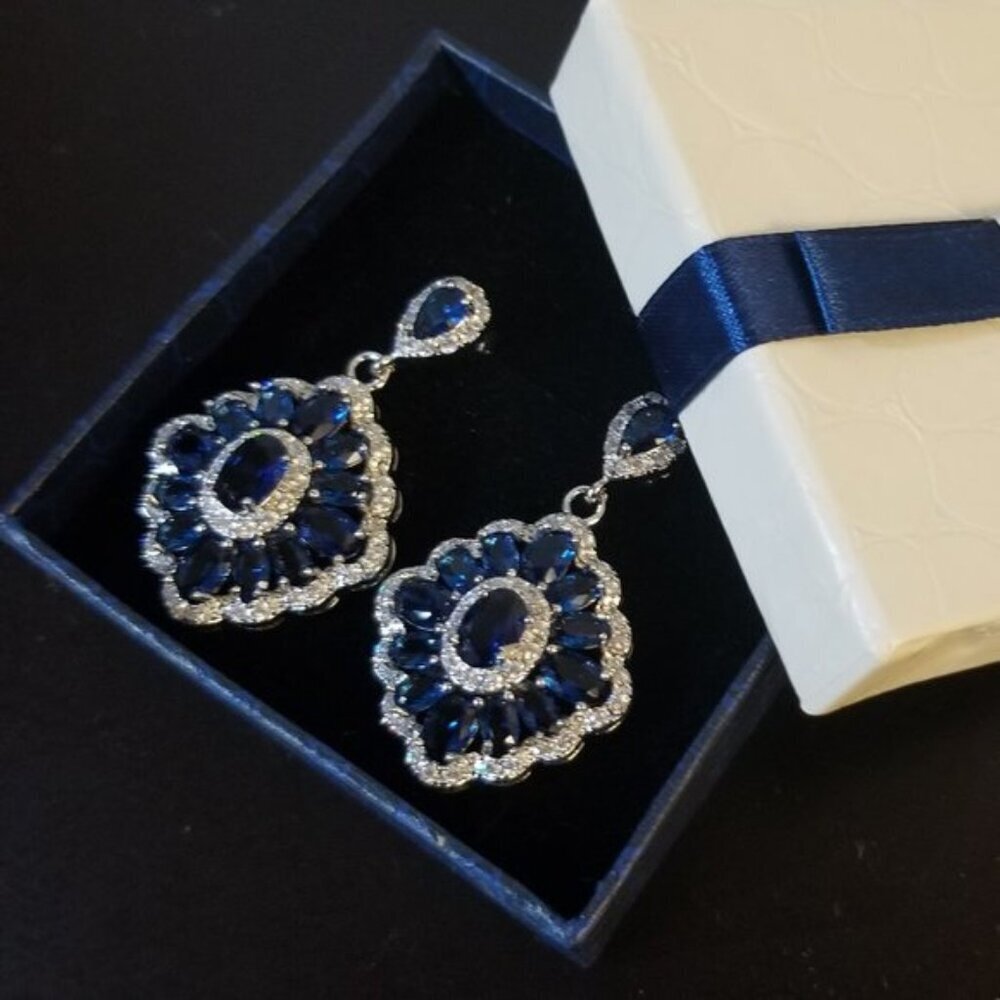 Swarovski Blue Crystal Floral Chandelier Women's Elegant Earrings